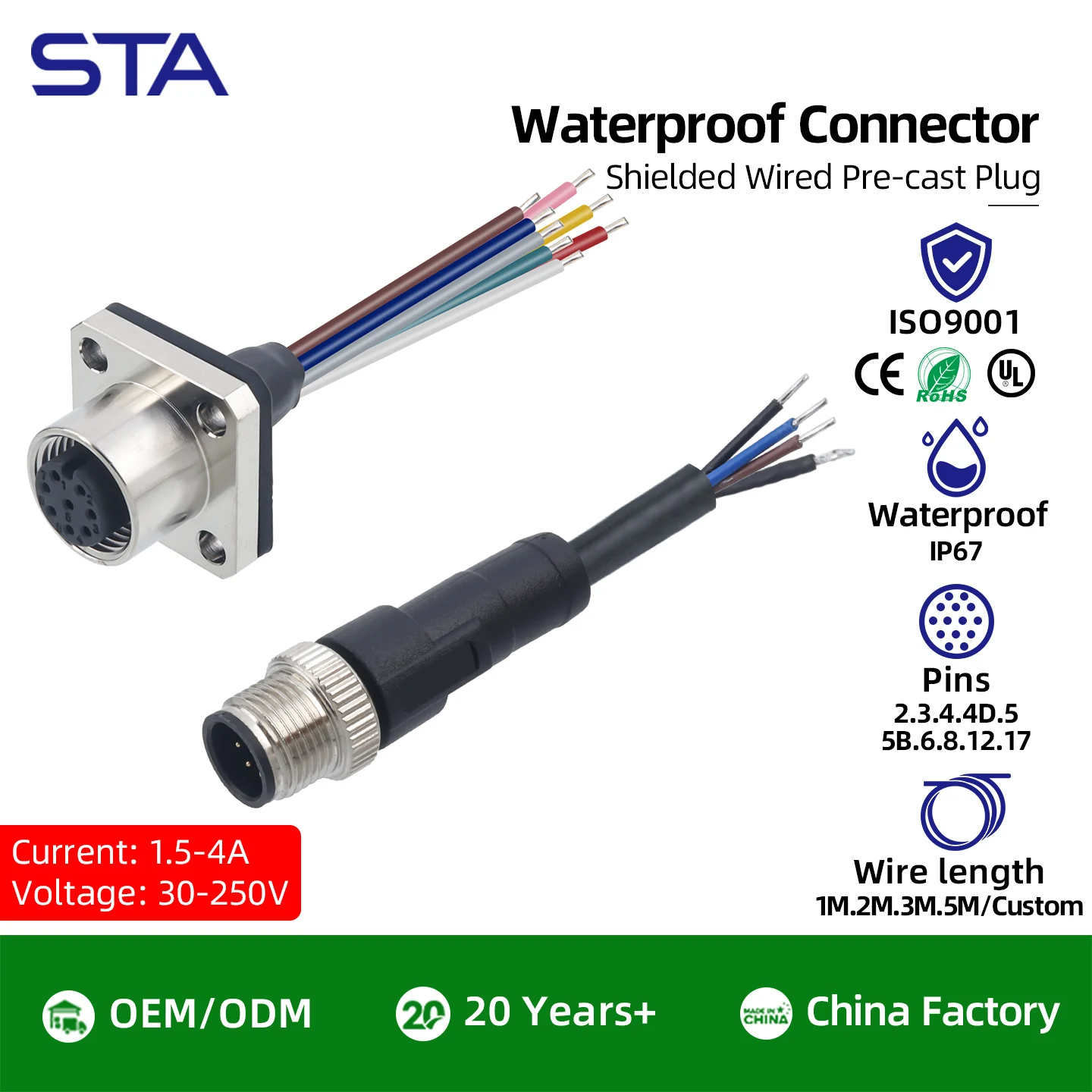 Waterproof IP67 M12 Aviation plug 2/3/4/5/6/7/8/12/17Pins A/B/D code Shield PVC PUR cable customized length 1/3/5M connector