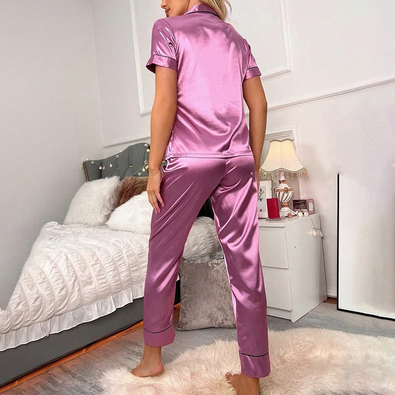 Luxurious Satin Pajama For Women 2 Piece Pjs Set Pocket Heart Embroider Sleepwear Autumn Long Sleeve Tops & Pants Pyjama Female