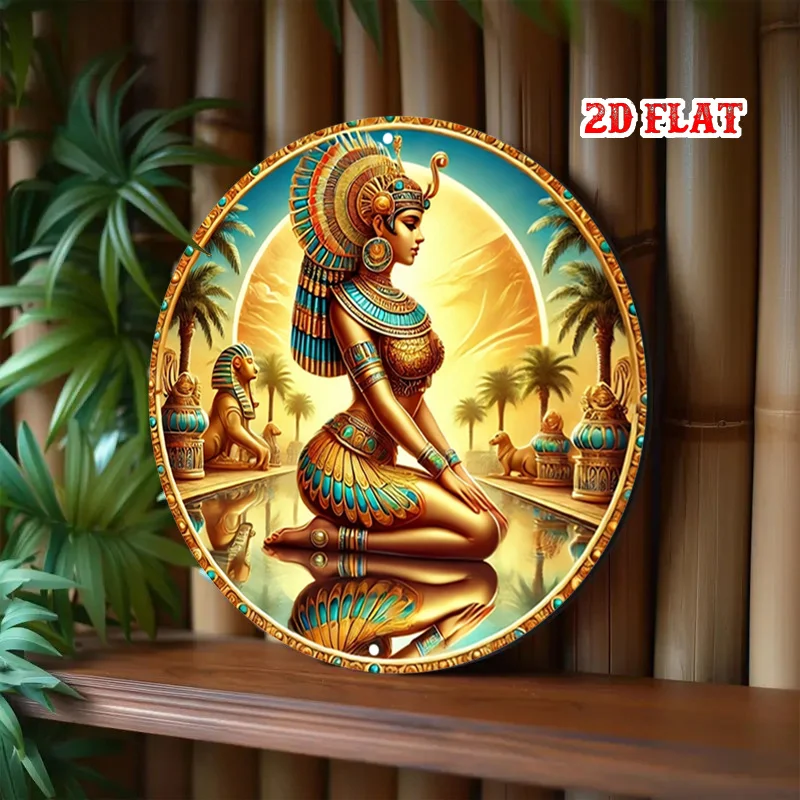 Vintage Egyptian Cleopatra Pharaoh Round Tin Sign, Retro Distressed Ancient Egypt Goddess Sphinx Pyramid Landscape Metal Wall Ar