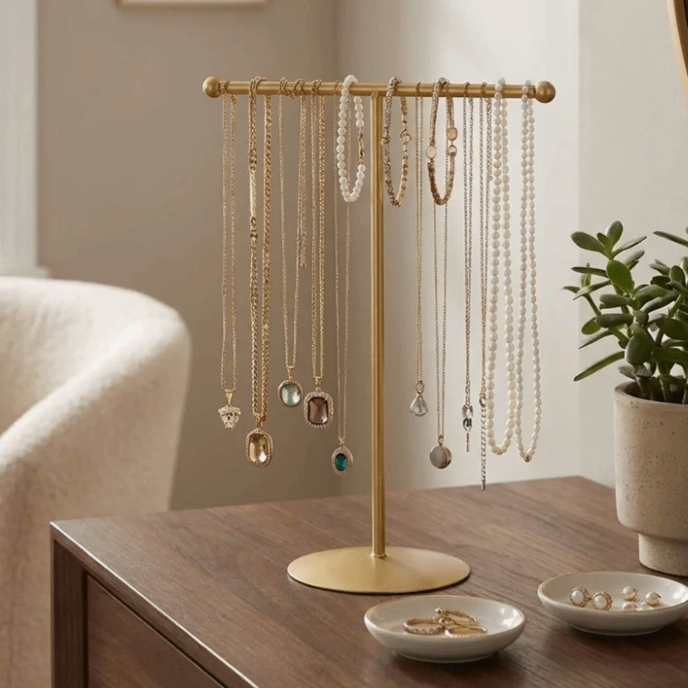 Metal Frame Jewelry Display Stand Horizontal Bar Single Layer Jewelry Storage Rack Moisture-proof Space Saving T-Shaped Stand