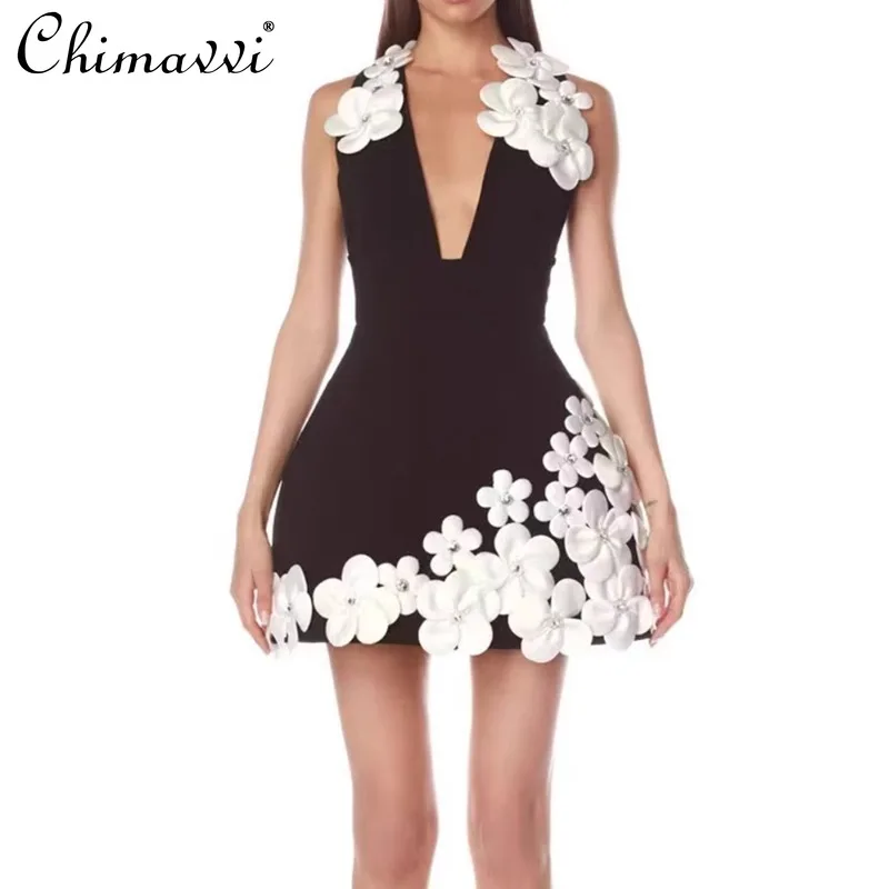 

2025 Spring and Summer New Deep V-neck White Three-dimensional Flower Fixed Diamond Applique Black Short Vest Dress Women