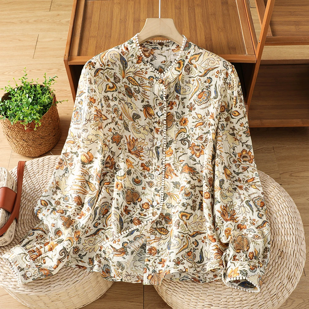 

Retro Floral Print Shirt Women's Fashion Doll Style Cotton Long Sleeve Loose Fit Original Design Spring Season Cardigan