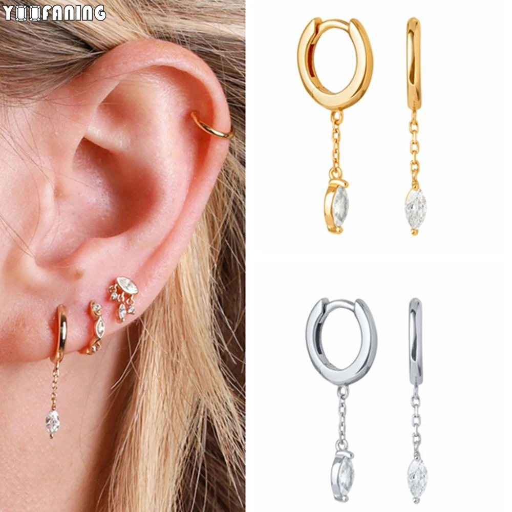 925 Sterling Silver Ear Needle Fashionable Minimalist Gold Silver Hoop Earrings Pendant Chain Design Earrings for Women Jewelry