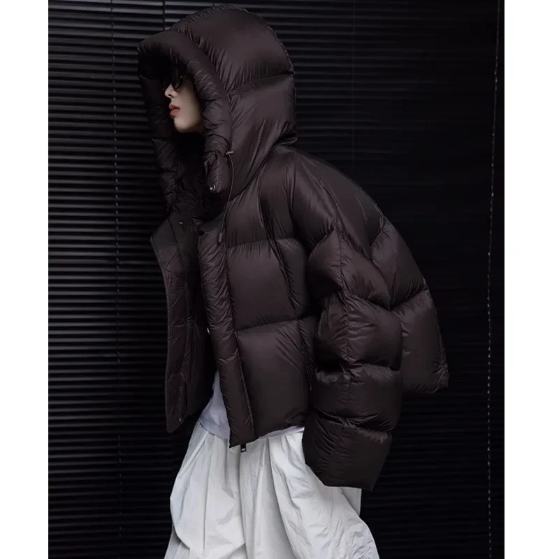 Piumino corto soffice da donna invernale ispessito manica lunga abbottonatura patch disegni design cappotto con cappuccio abbigliamento donna ampio