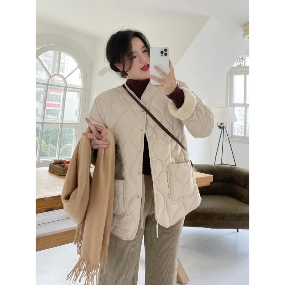 

Women's Sweet Sle Navy Collar CoatWarm Lamb Fur Splicing Lightweight Diamond id Winter Clothes Loose Cotton Jaet