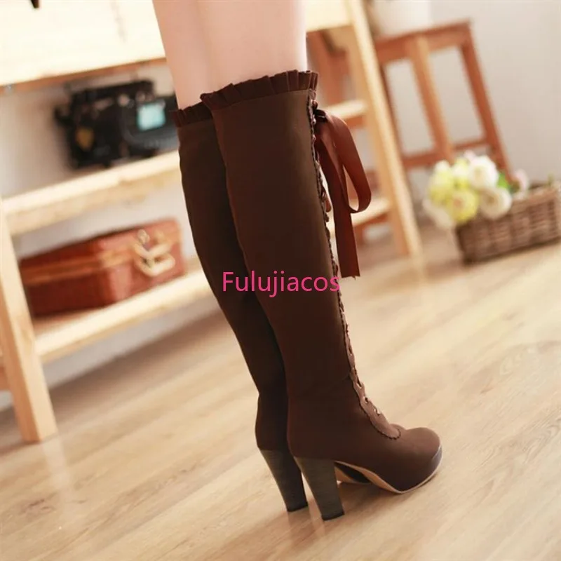 Damskie Kozaki Rockowe Buty Kobieta Sexy Kozaki za Udo Wysokie Szpilki Seksowne Sznurowane Średniowieczne Gotyckie Steampunk Retro Styl Cosplay Kozaki Rycerskie