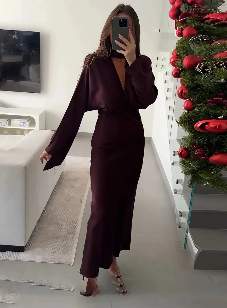 

2026 Женское праздничное платье Tossy, элегантное атласное длинное платье с V-образным вырезом на шнуровке и шарфом, облегающее платье для поездок на работу