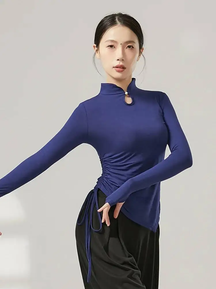 Costume da prova per pratica di scena da donna, danza classica, vestibilità slim, colletto alto, dettaglio con coulisse, tinta unita, camicia a maniche lunghe