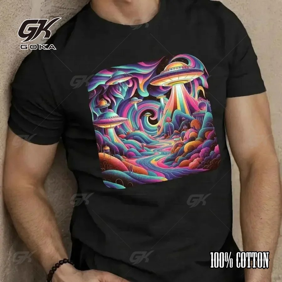 Psychedelic UFO Trippy Space Graphic Casual Fashion T-Shirt Colorful Alien Sci-Fi Casual Cotton Short Sleeve Tee