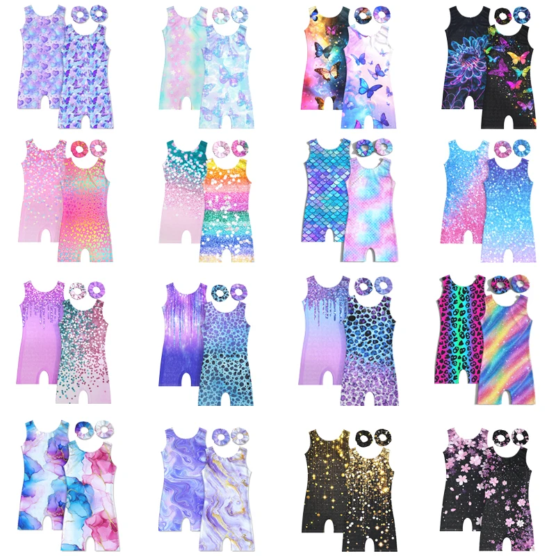 Justaucorps de gymnastique pour filles, vêtements de sport scintillants, combinaison de danse 4 pièces pour enfants, tenues athlétiques avec motif court aléatoire