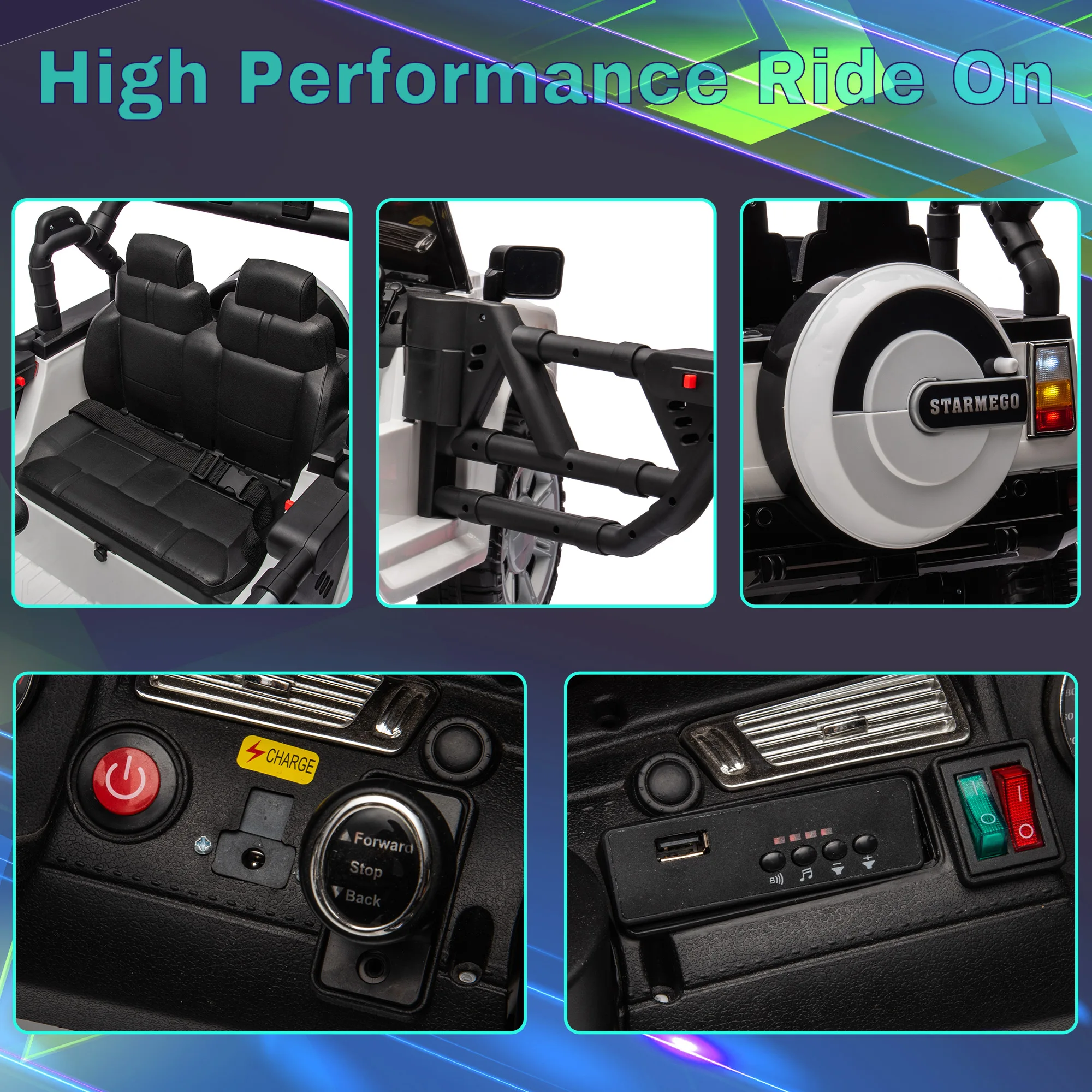 12v7a 30w*2 Four-wheel drive leather seat one button start,forward and backward, high and low speed, music, front light, power d