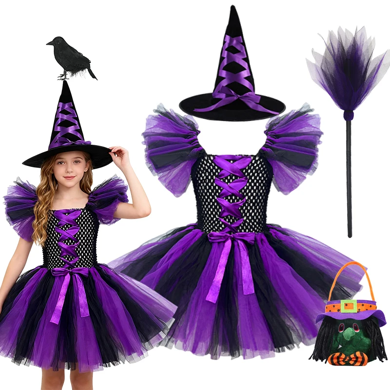 Костюм на Хэллоуин, детское черное, фиолетовое платье ведьмы, роскошный кружевной костюм злой для косплея, наряды Малефисенты, тюлевое платье ручной работы