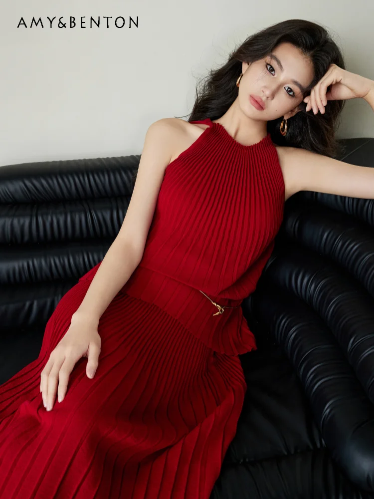 High-End Pleated Round Neck Sleeveless Top High Waist Slim A-line Skirt Simple Two-Piece Sets Summer Commute Style Skirt Sets