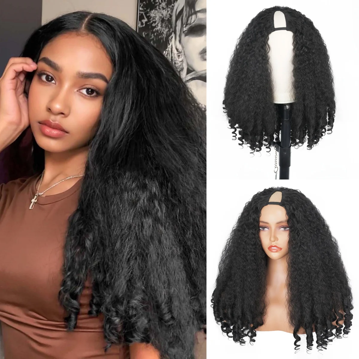 

Yaki Curly V-образные парики для чернокожих женщин Kinky Straight со надувными кудрями Афро-кудрявый полный машинный синтетический бесклеевой женский парик
