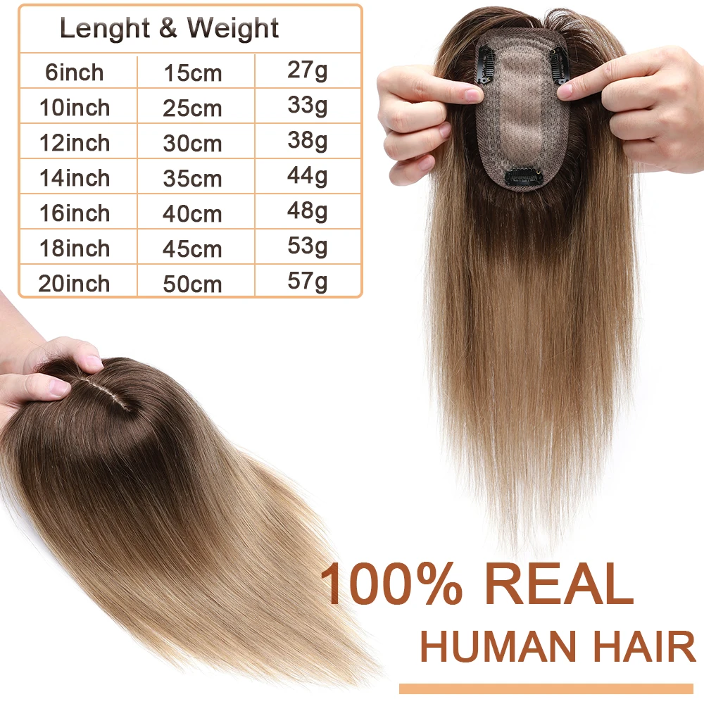 SEGO 7x13CM Echthaar-Topper mit Pony für Frauen, Seidenbasis, natürliche Haarteile, Perücken für Haarausfall, Volumenabdeckung, graues Haar – Detail 4