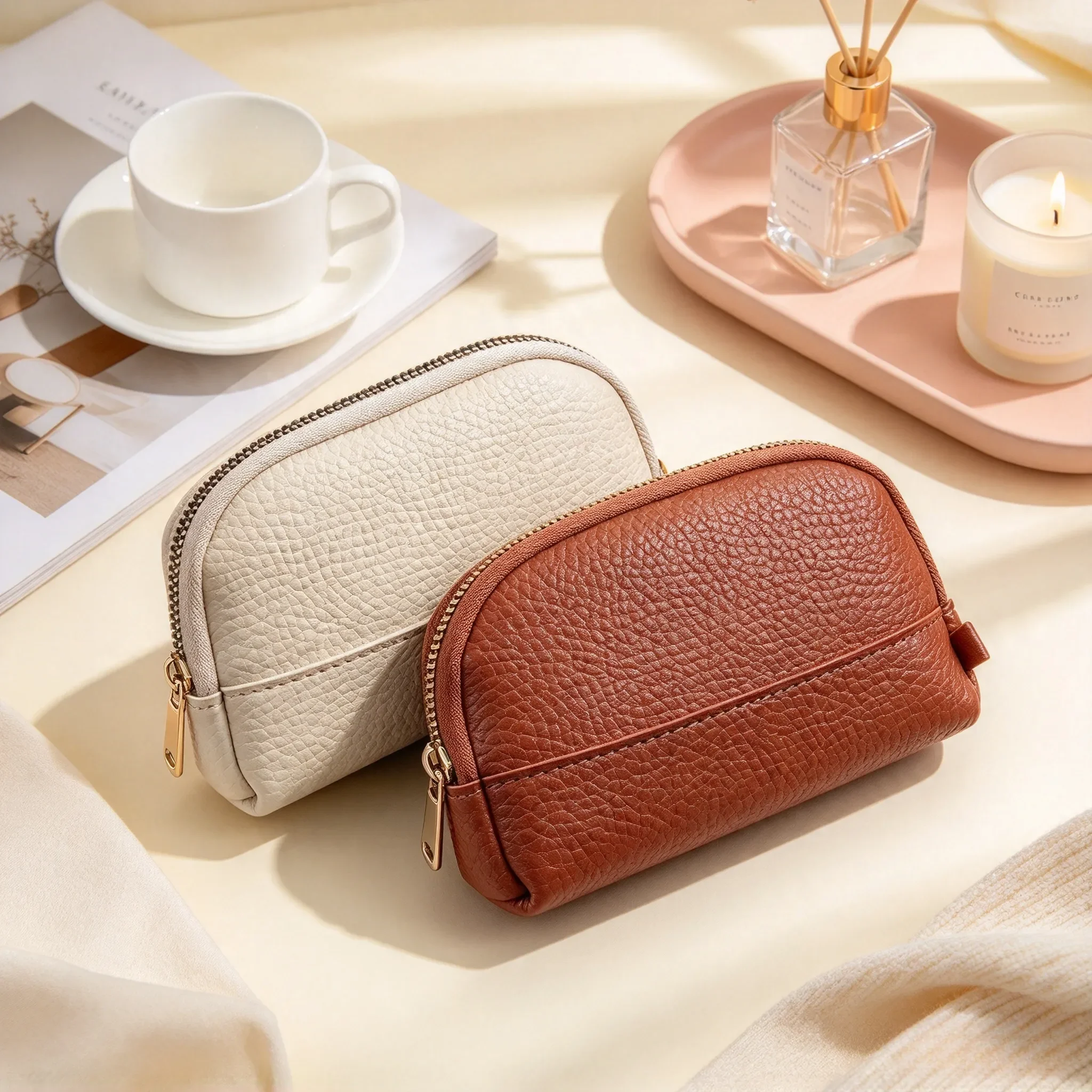 Minimally designed lychee patterned shell zipper coin purse, portable and multifunctional card bag, coin storage bag