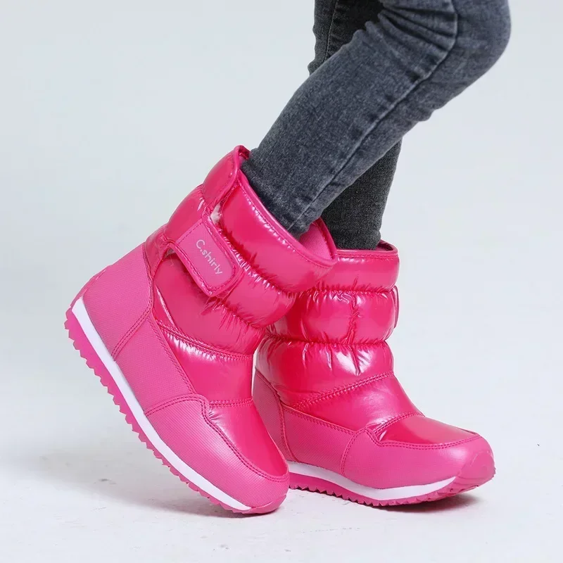 Botas de nieve cálidas y gruesas para niños y niñas, zapatos de algodón PU, Color sólido, impermeables, antideslizantes, a la moda, para exteriores,