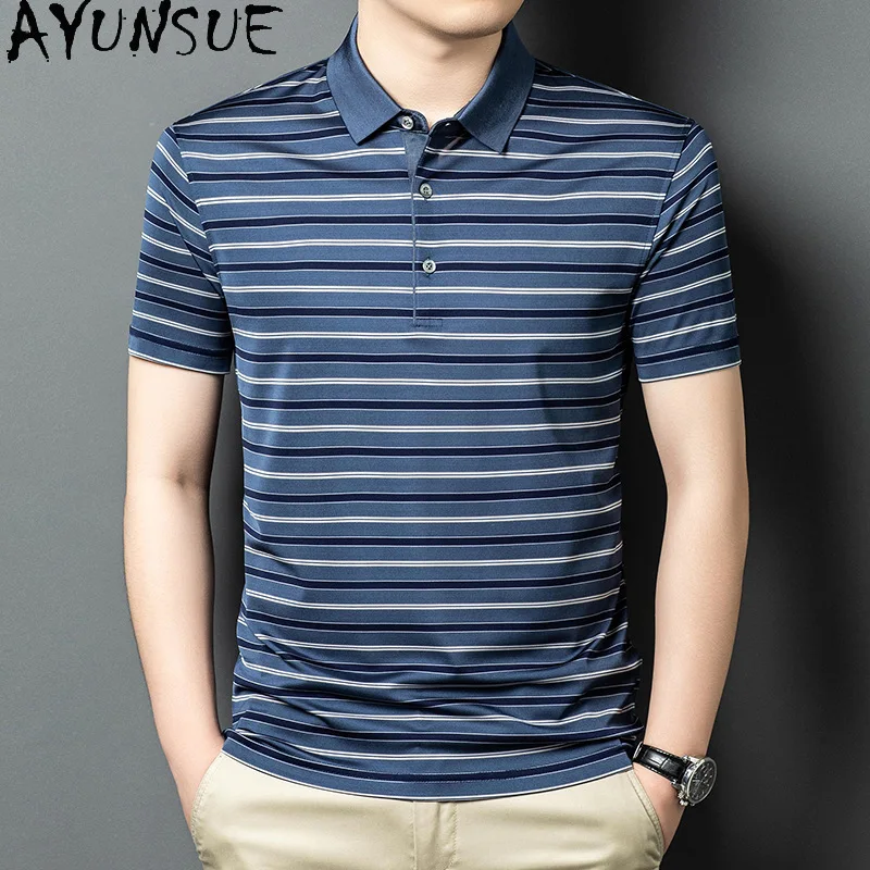 AYUNSUE Luxury 100% Real Mulberry Silk T Shirt for Man High Quality Men's Polo Shirts Lapel Fashion Striped Polo Shirts Herren