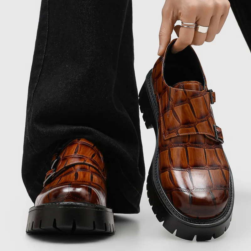 

Men's Black Crocodile Pattern Leather Shoes Double Buckle Casual Platform Loafers Luxury Brand Leather Dress Shoes Size 38-46