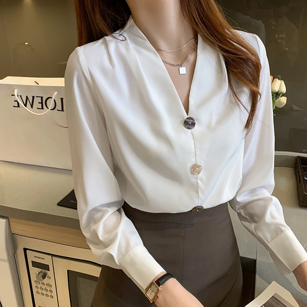 Elegant Solid Shirt Women's Spring Summer Smooth Fabric V-neck Single Breasted Long Sleeves Top Button Design Office Lady Top