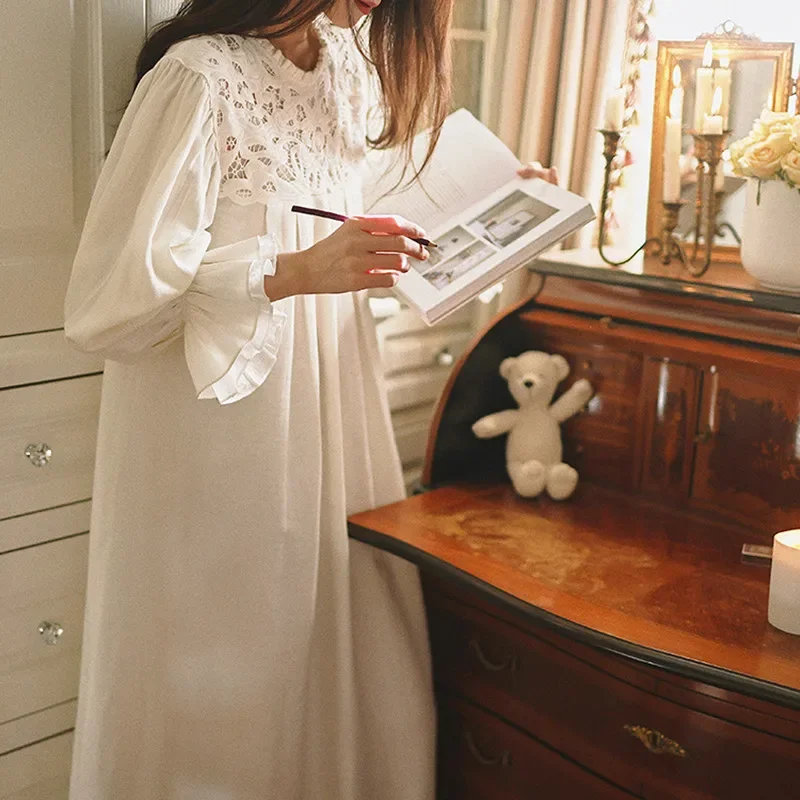 Princess Vintage Puff Sleeves Loose Nightgowns French Style Round Neck Nightdress Spring Cotton White Victoria Nightwear Nightie