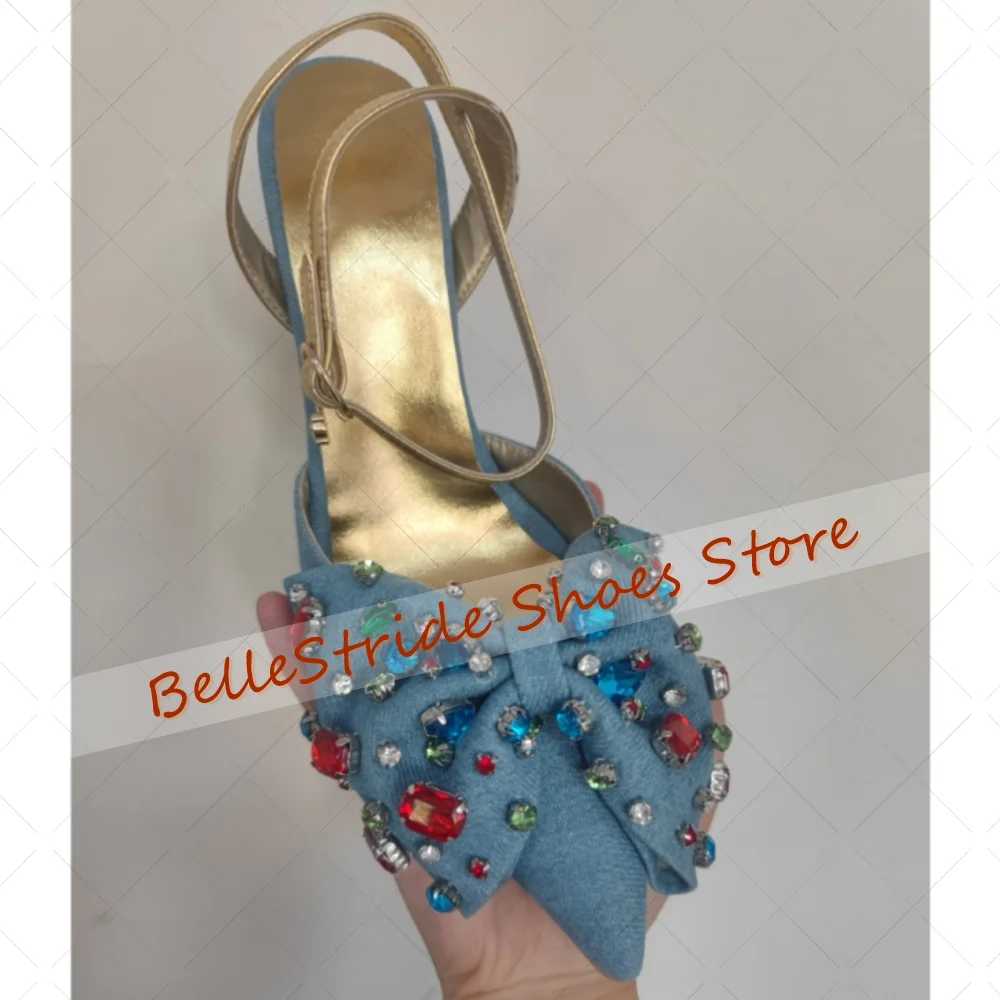 

Blue Demin Bow knot Decor Crystal Sandals Pointed Toe Women Shoes Thin High Heels Party Banquet Dating 2025 Zapatos Para Mujere