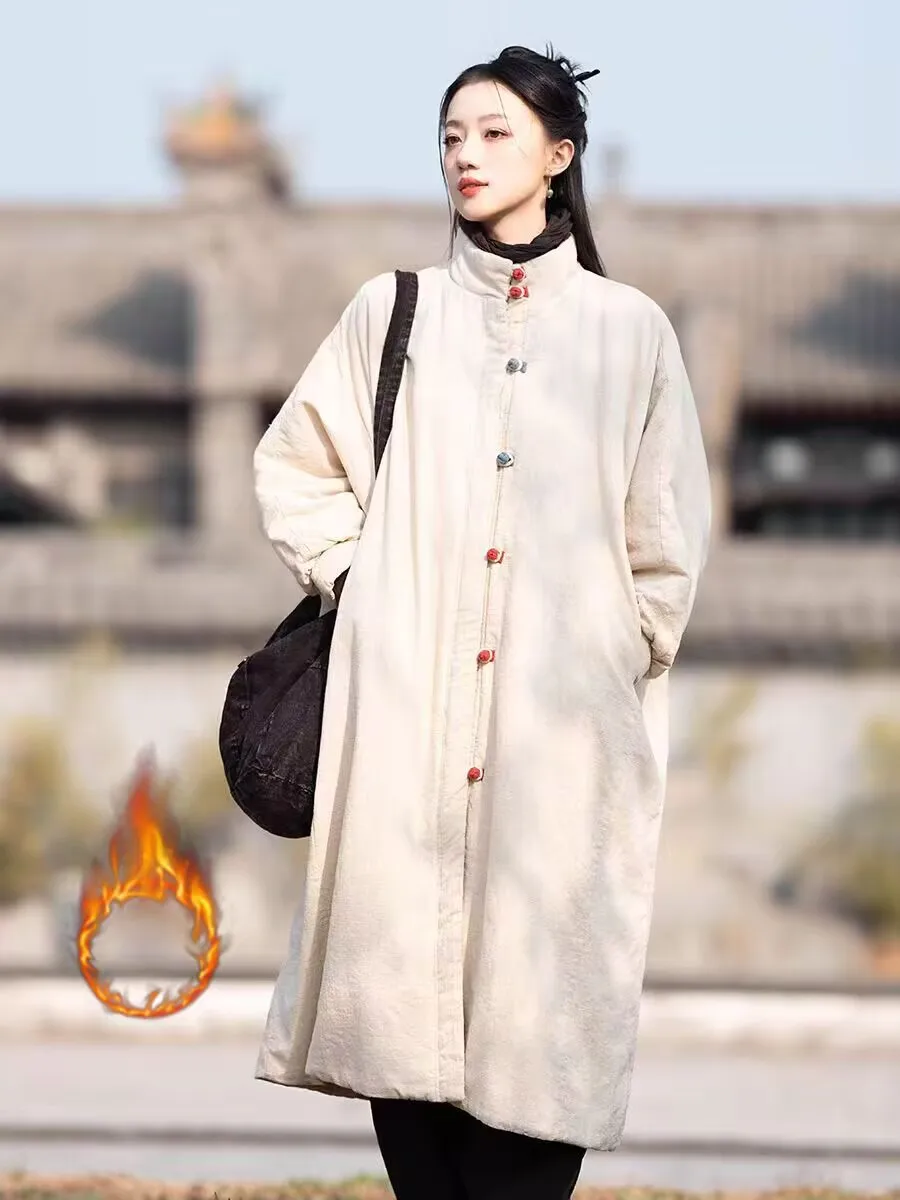 

New Chinese Zen Style Cotton Linen Jacket Women's Winter Mid-Length Stand Collar Warmth Insulation Single Button Coat