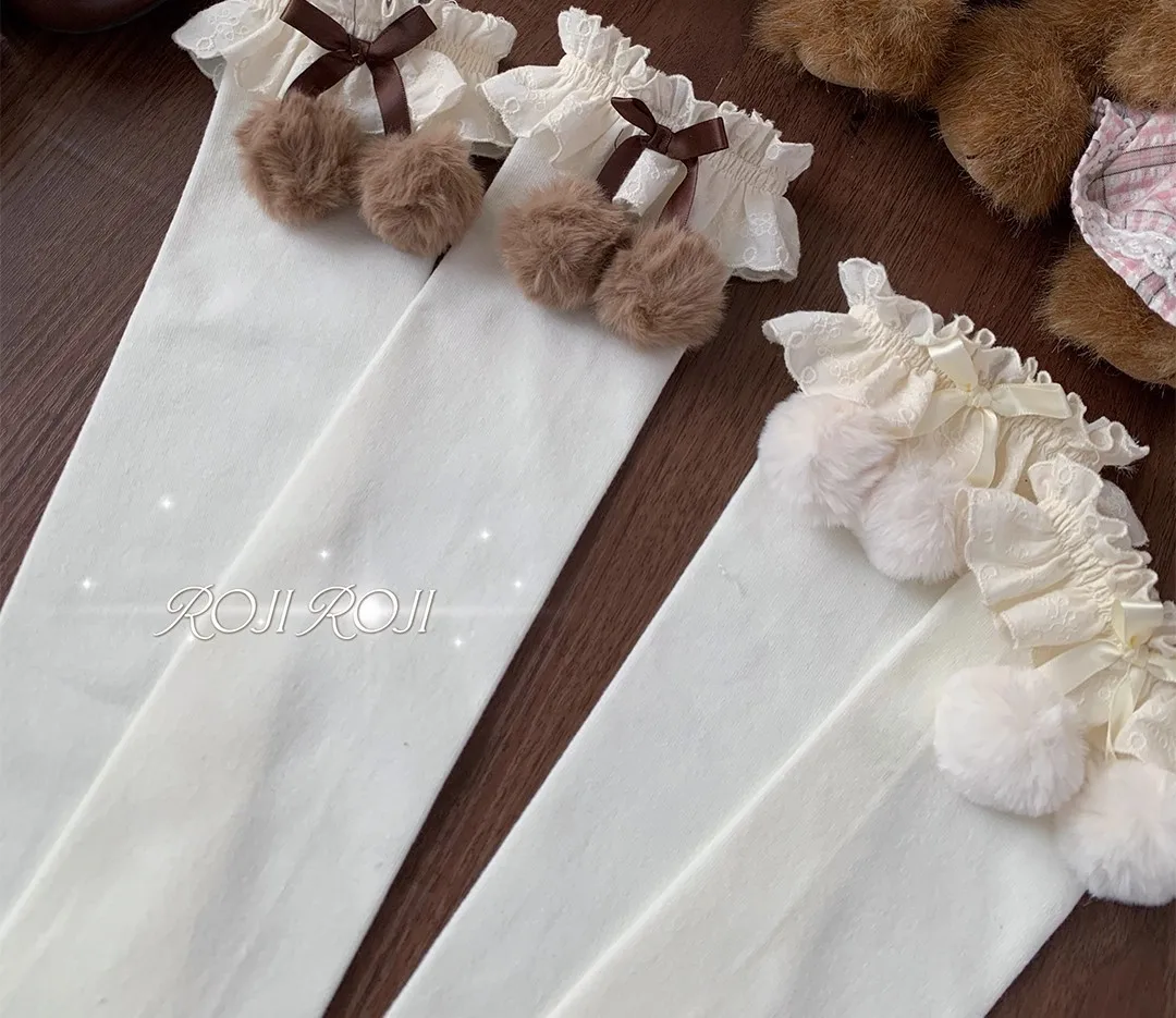 Japanische süße Lolita Spitze Baumwolle Kniestrümpfe Frauen Furball Harajuku Bogen warme Flor Socken KC Mädchen süße Wärme Strümpfe