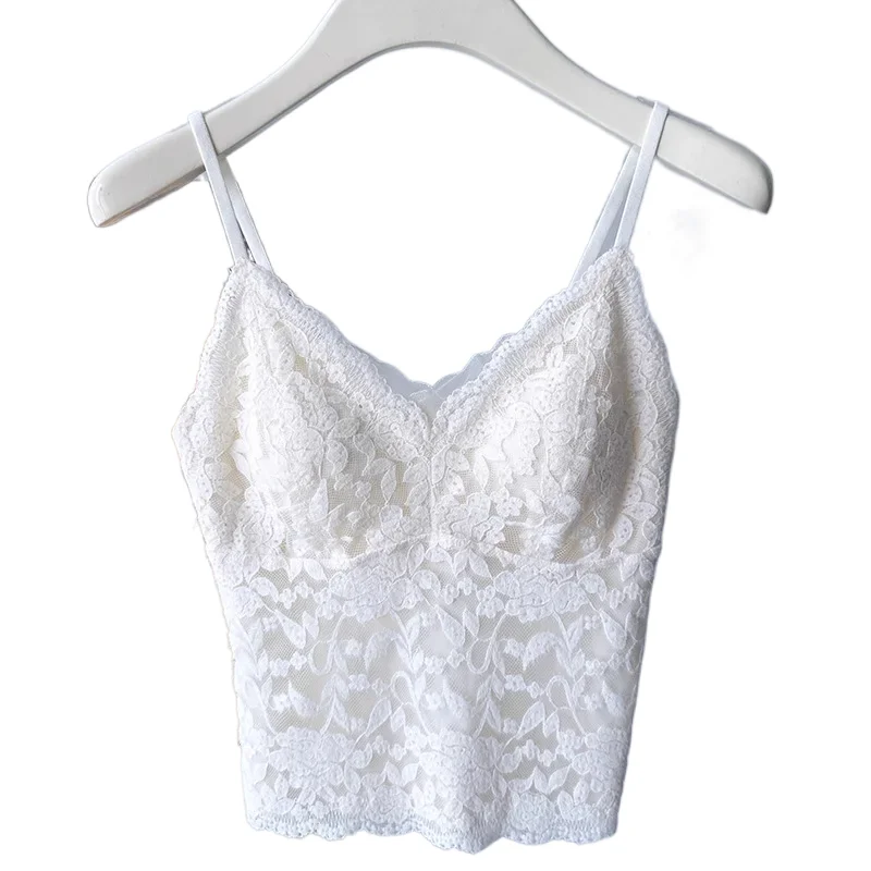 KUCLUT Lace Strap with Built-in Chest Pad Layering Autumn Winter Soft And Elegant Floral Pattern Nylon Fabric Women's Top