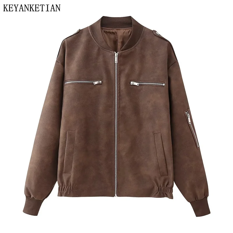 Keyanketian Herfst/Winter Nieuw Kunstleren Damesjack Mode Eenvoudig Epaulette Rits-Up Losse Korte Jaqueta Feminina Top