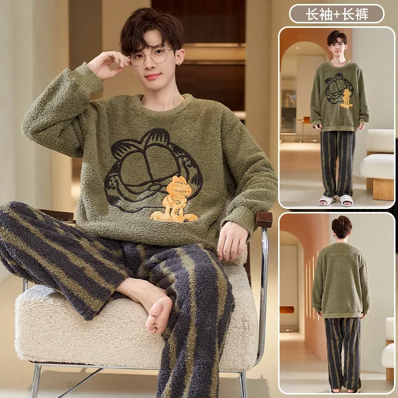 Fashion Cute Design Pajamas Suit Men Autumn Winter Coral Fleece Thickened Warm Soft Male Fleece Thermal Youth Homewear Set