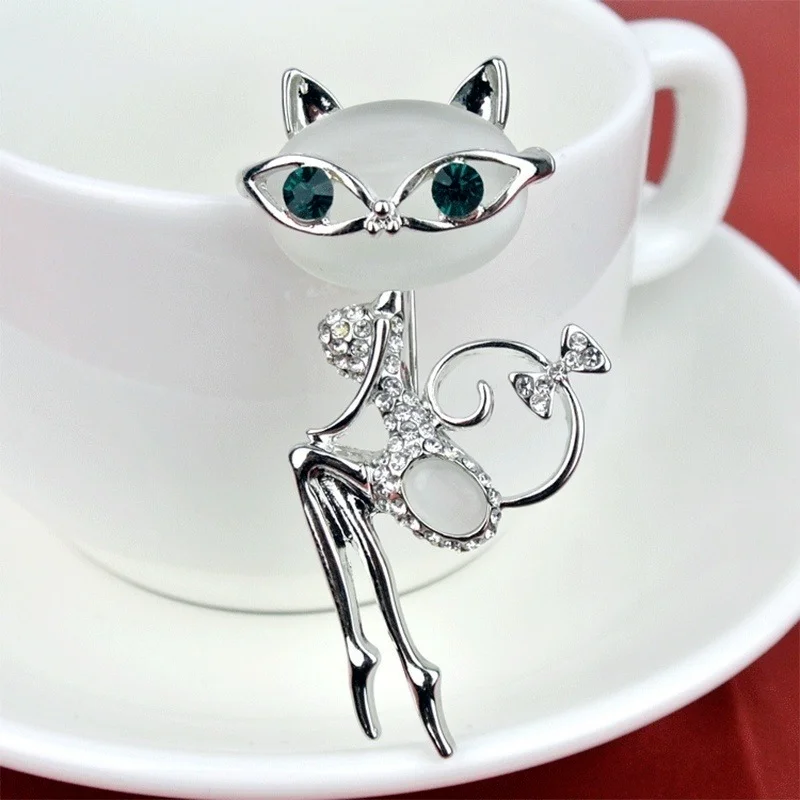 Opal Super Cute Kitten Cat Eye Stone Brooch Crystal Collar Creativity Dress Fashionable Style Sexy Wedding Accessories
