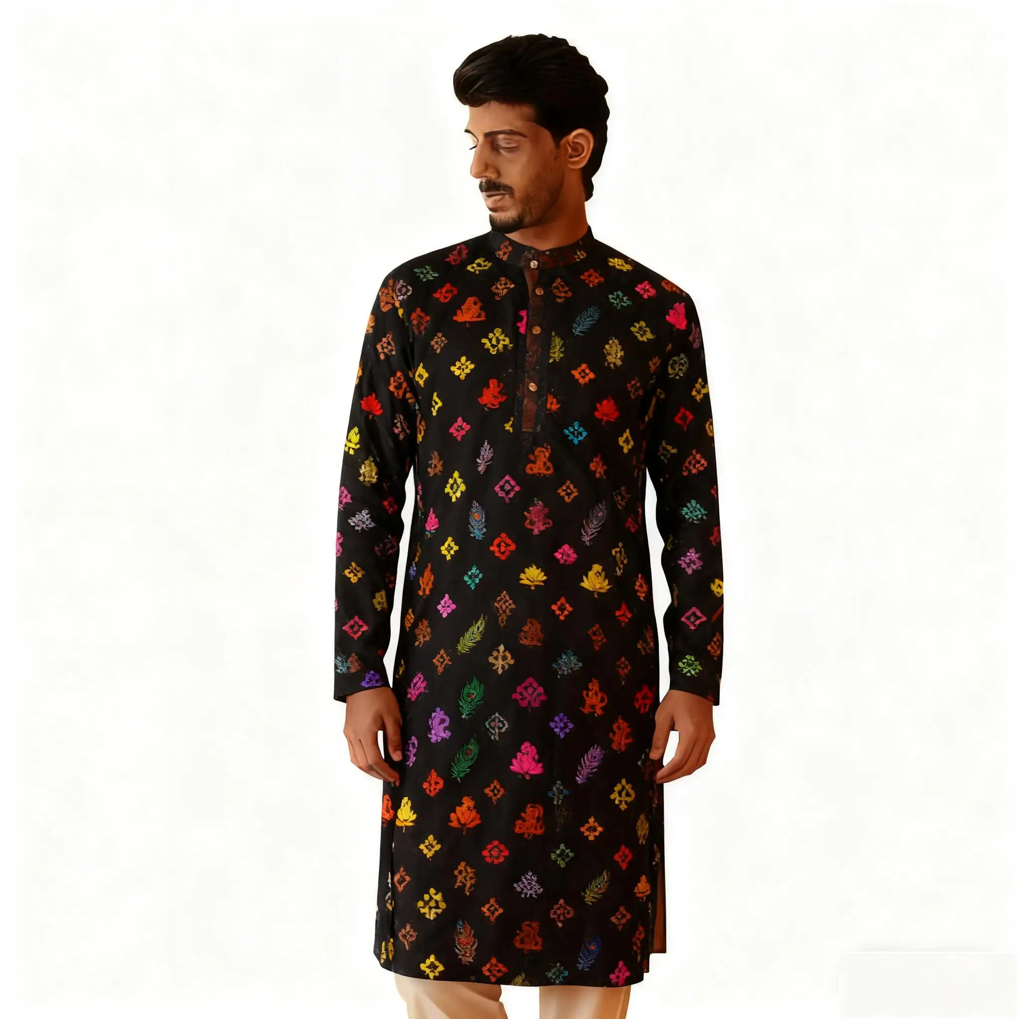 新メンズデジタルプリントクルタヴァルダレギュラーフィットマンダリンカラーロング丈あらゆる場面に適したジャバドールモロッコ男性ムスリム男性