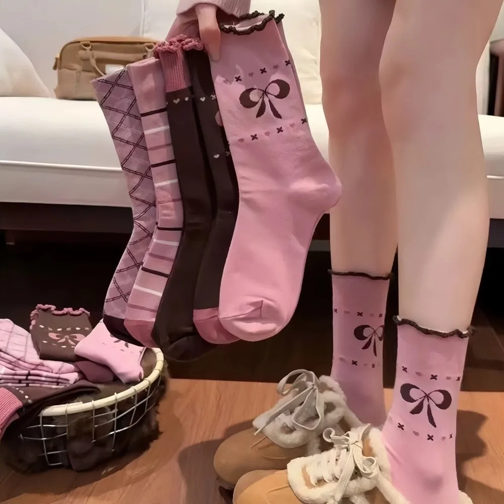 Odor-Resistan Bow Printed Mid-Calf Socks Autumn Winter Stacked Style Stripe Long Socks Plaid Design Japanese Style