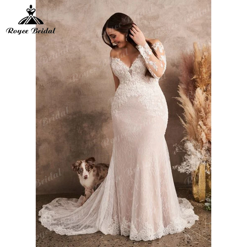 Boho V Neck Long Sleeve Back Button Lace Sweep Plus Size Sexy Mermaid Wedding Dress For Women Beach Bridal Gowns Robe Customized