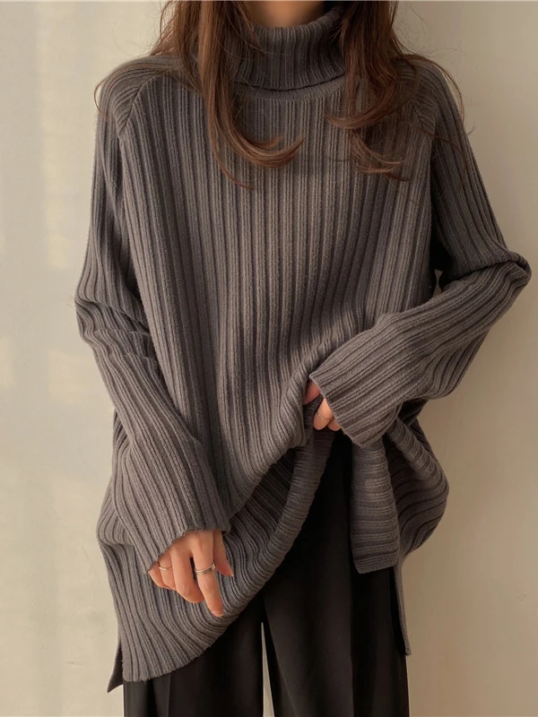 Senhoras alta ne camisola de malha macio aconchegante listrado solto ajuste meados de comprimento interior irt para outono inverno nova chegada commute sle