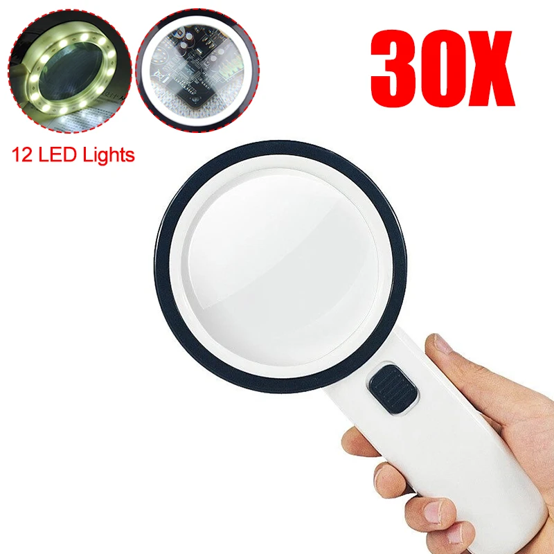 

30X Illuminated Large Magnifier Portable Handheld 12 LED Lighted Magnifying Glass for Seniors Reading Soldering Inspection