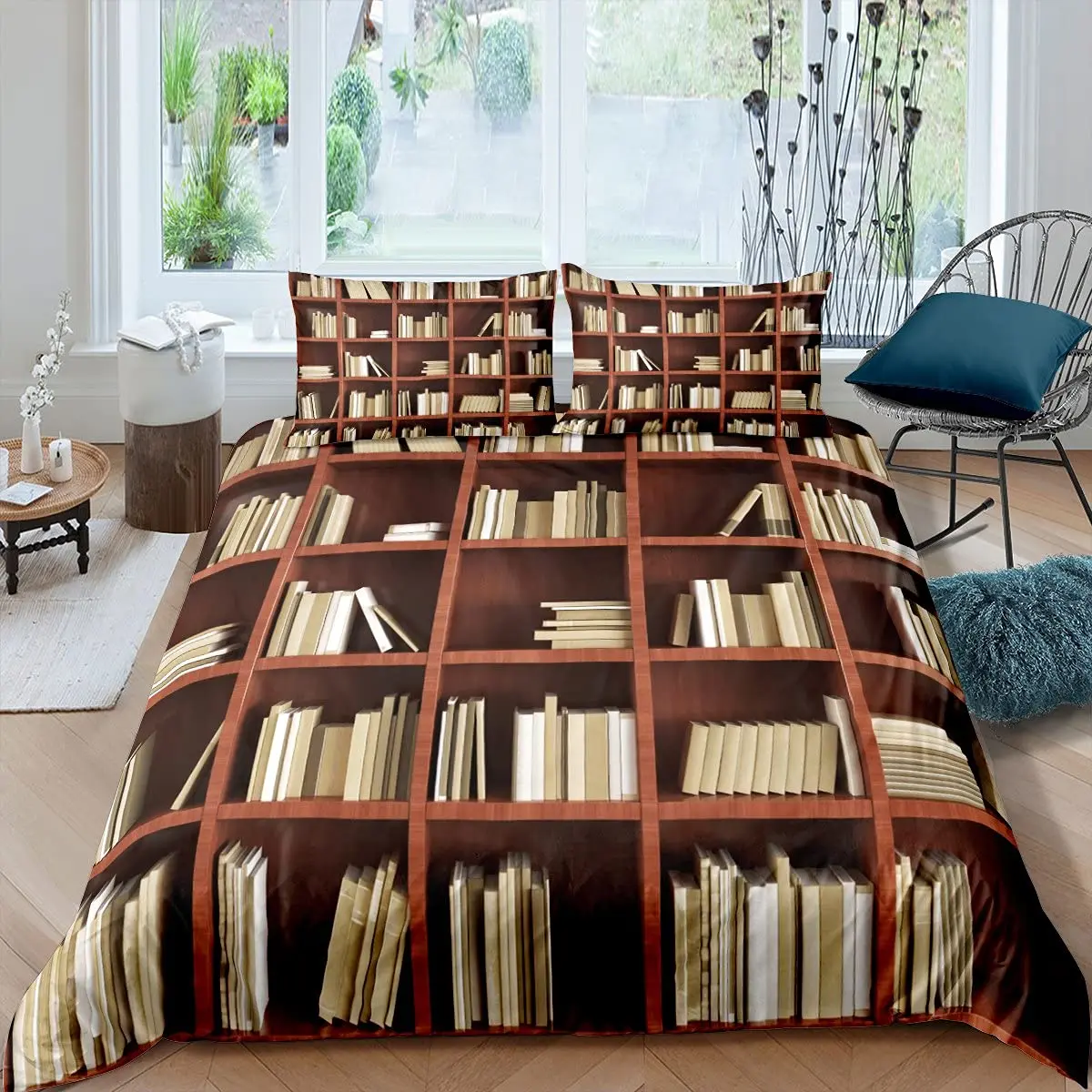 3D Print Book Pattern Duvet Cover Library Bookshelf Duvet Cover Polyester Queen King for Kids Teens Quilt Cover with Pillowcases