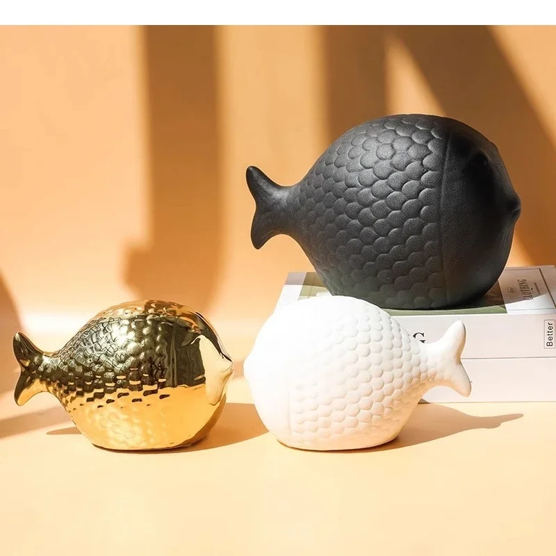 Solid Color Minimalist Ceramic Bighead Fish Ornaments Animal Shaped Tabletop Statue Decoration Home Crafts