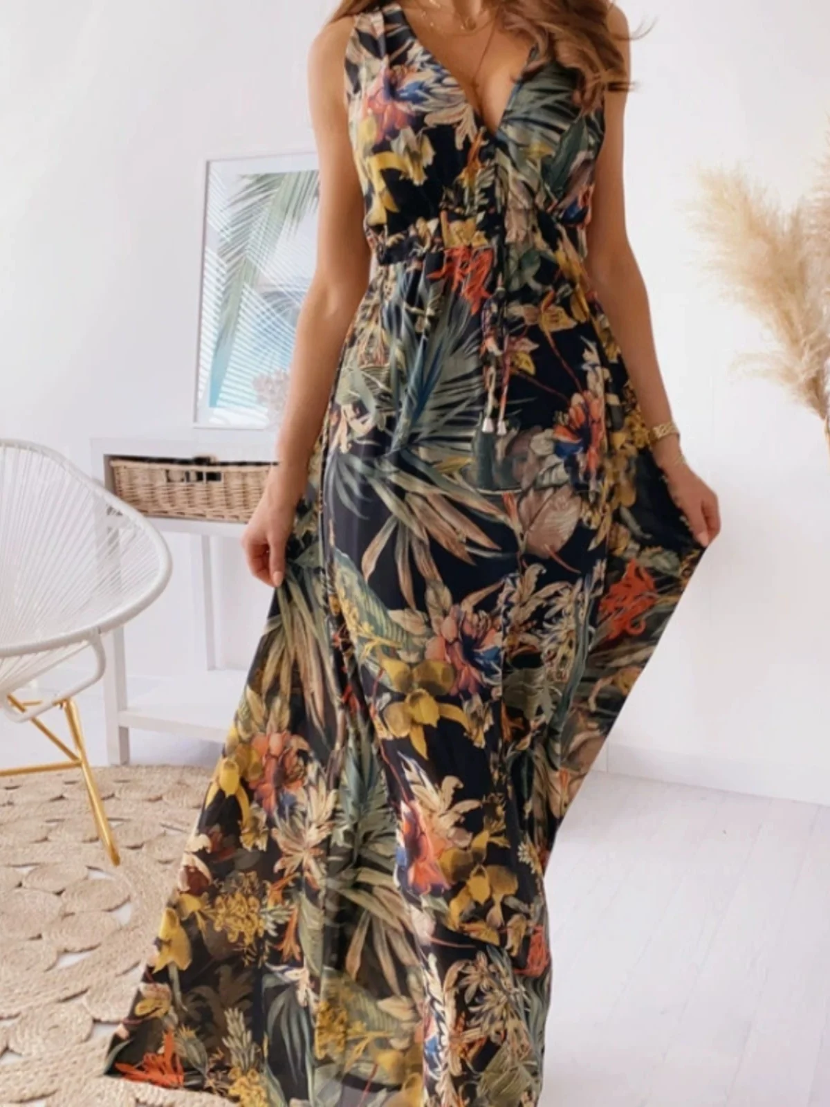 

Большие качели Dr Open Ba с цветочным принтом и поясом, длинные женские летние платья из полиэстера с высокой талией трапециевидной формы Dr V-Ne Svel