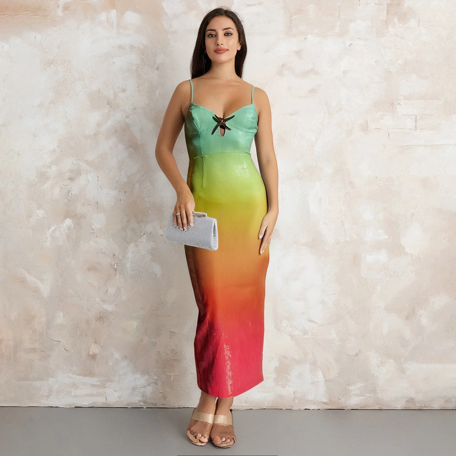 Vestidos largos ajustados elegantes sin mangas para mujer, vestido camisola de Color degradado, vestido de fiesta con cuello en V y tirantes finos sin mangas de estrella de mar