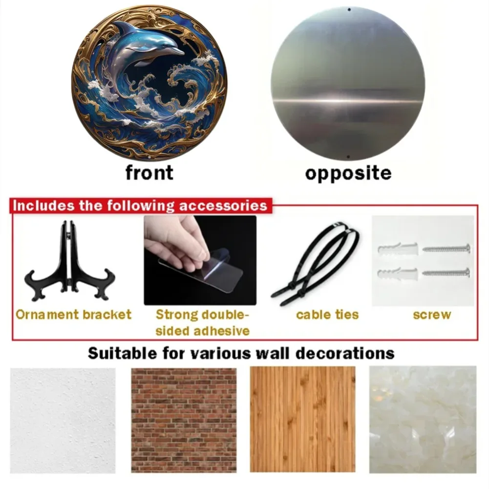 علامة إكليل معدنية مستديرة تحت عنوان دولفين كلاسيكي، ديكور من الألومنيوم للمنزل والمقهى والشقة وديكور حائط مثالي وهدية العيد