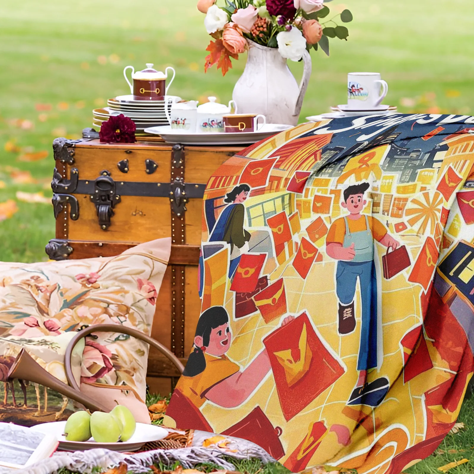 Cartoon Character Street Scene With Red Envelope Design Outdoor Blanket For Camping Picnic And