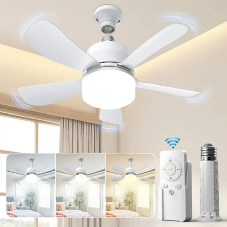 

Socket Fan Light with Remote, 16" Ultra-Quiet 5-Blade Small Ceiling Fan with Light, 1000LM 3-Color Dimmable LED, 3 Speeds and 5