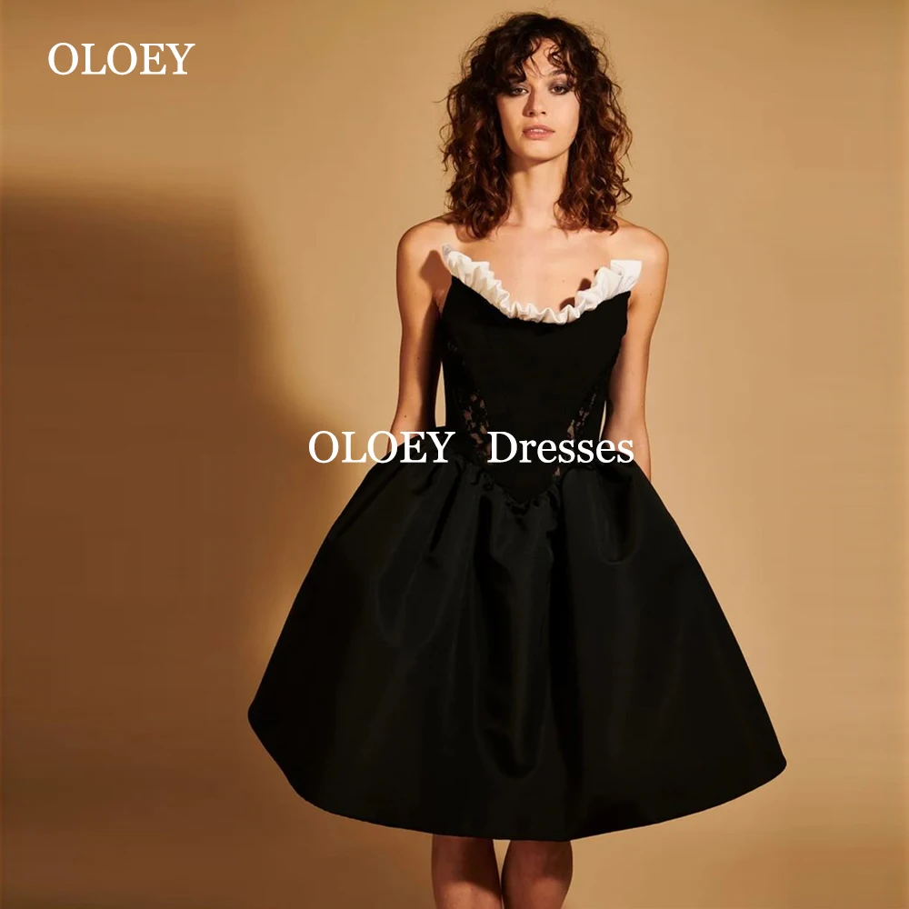 

OLOEY Modern Black V Neck Short Prom Cocktail Dresses Customized Pleats Puffy A Line Mini Wedding Party Gowns Lace Ruffles