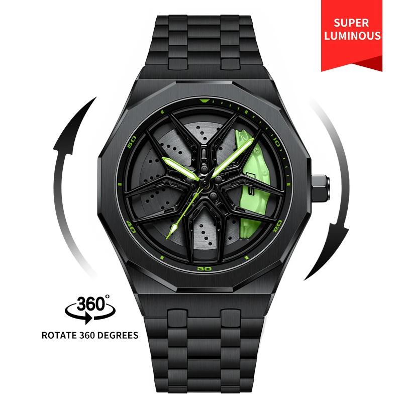 For NEKTOM VIP Client Steel Strap Spinning Luminous Car Wheel Watch