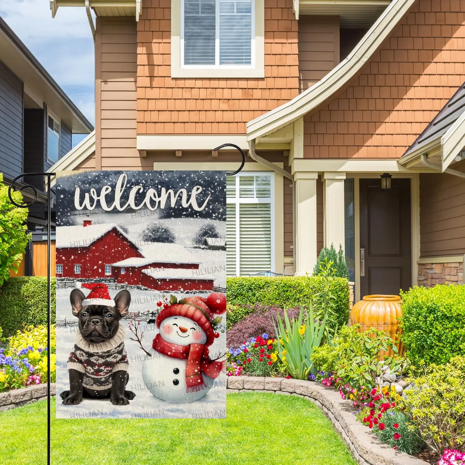Welcome Christmas Garden Flag Winter French Bulldog-Garden Flags 12x18 Double Sided Burlap Snowman Rustic Farmhouse Dog Yard zzo