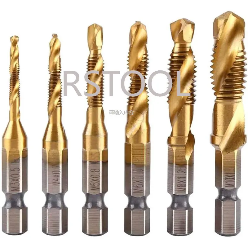 6Pcs Hex Shank Titanium Plated  M3 M4 M5 M6 M8 M10 Hand Tools HSS Screw Thread Metric Tap Drill Bits Screw Machine Compound tap