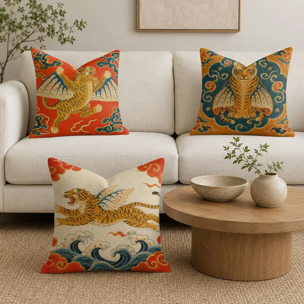 Embroidered Flying Tiger Cushion Cover Organic Linen Throw Pillow Cover - Double-Sided Print Breathable Cushion Case Home Decor
