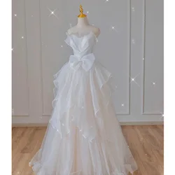 White French Wedding Dress Elegant Strapless Banquet Party Gown Sweet Bow Irregular Fluffy Dress Floor-Length Prom Vestido